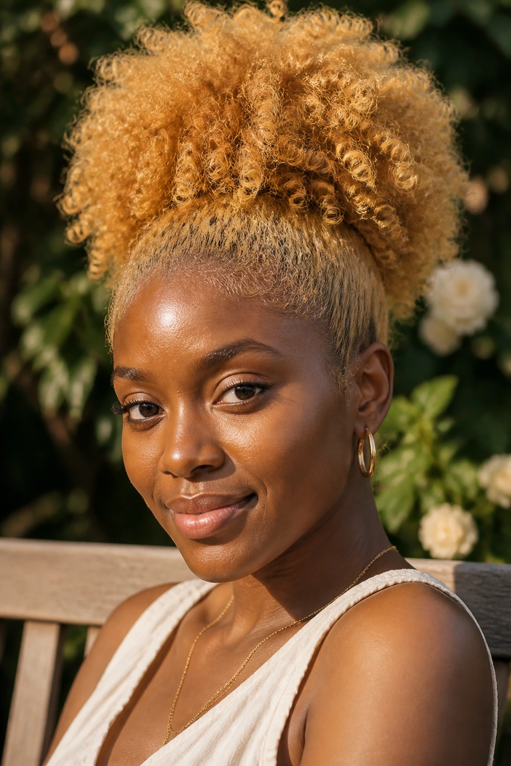 Close-up of a real woman with a golden blonde high puff hairstyle.
