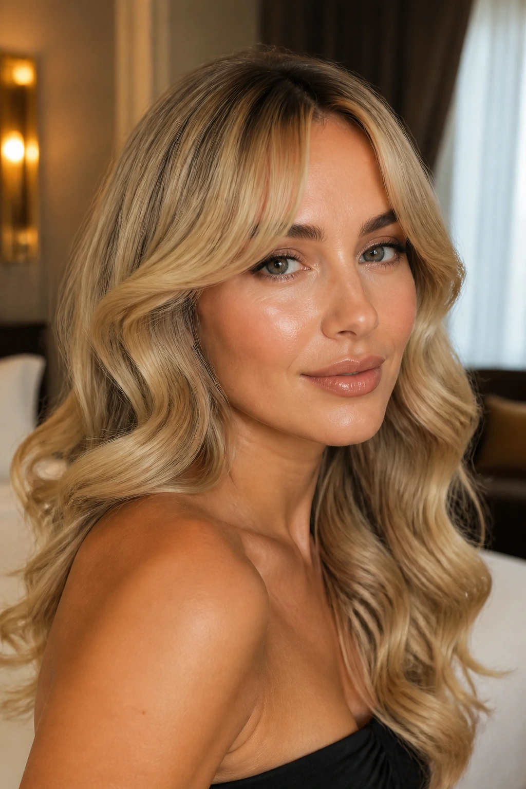 Real woman with golden blonde Hollywood waves and soft bangs