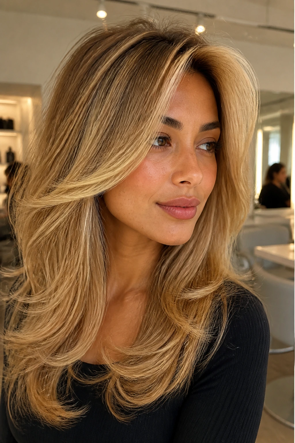 Close-up of a real woman with golden blonde blowout layers, olive skin illuminated by warm salon light.