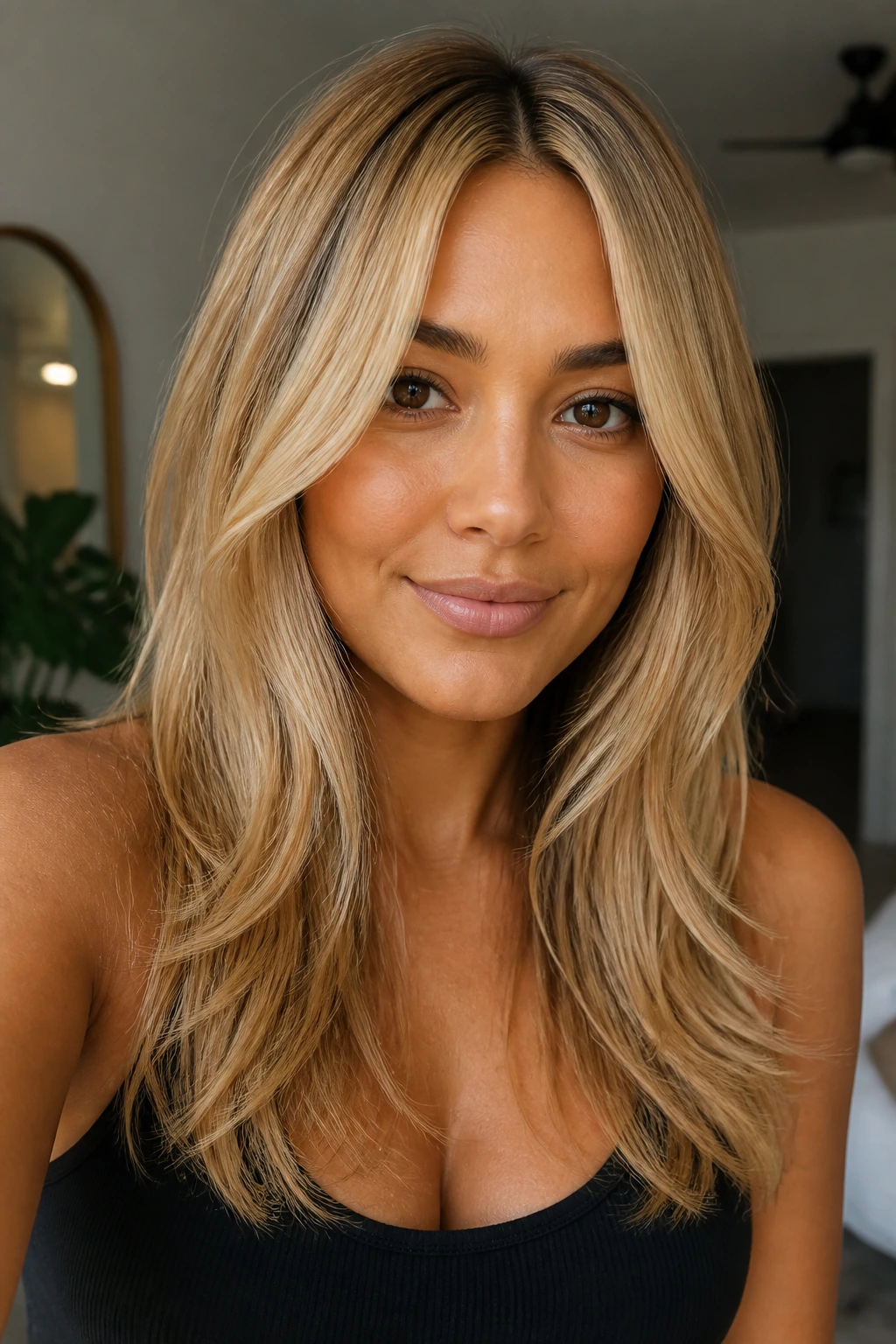 Portrait of a real person with golden blonde long layers and center part