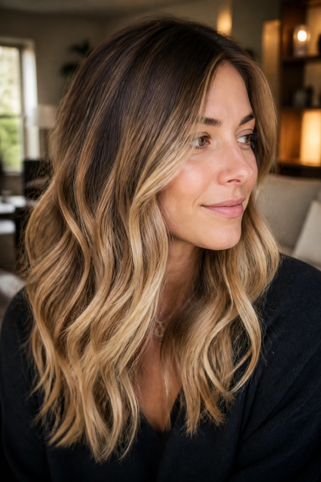 Brunette with lived-in golden blonde melt in warm home light