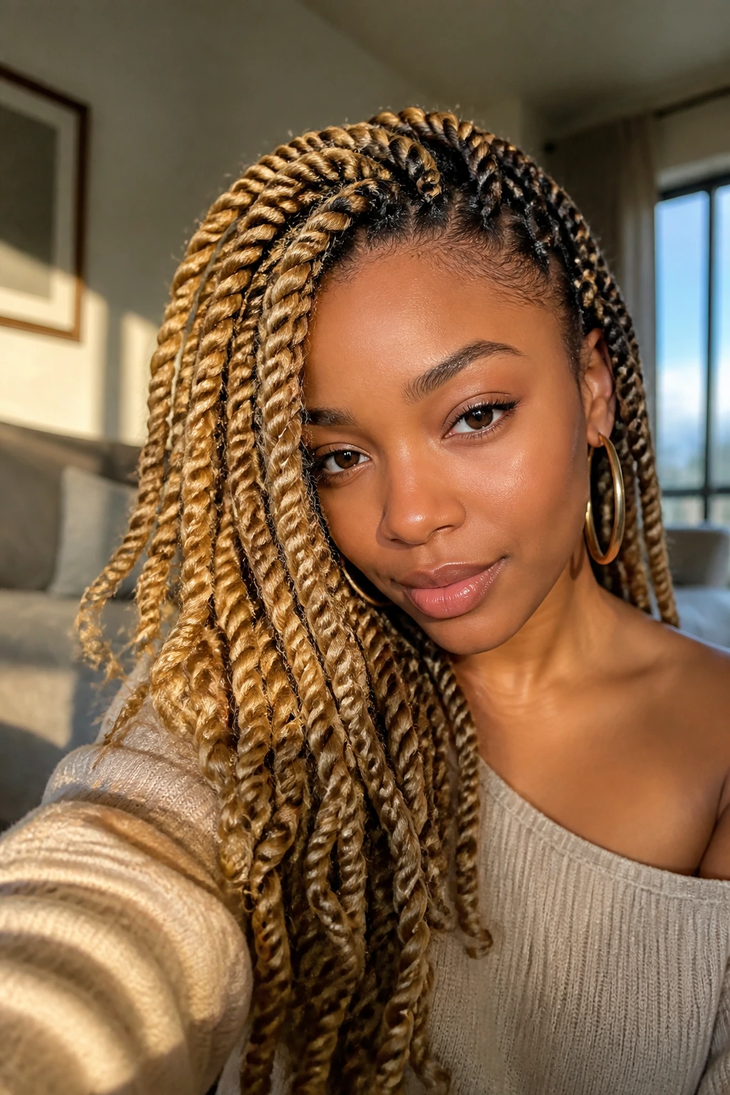 Close-up of a real woman with golden blonde passion twists in warm living room light.