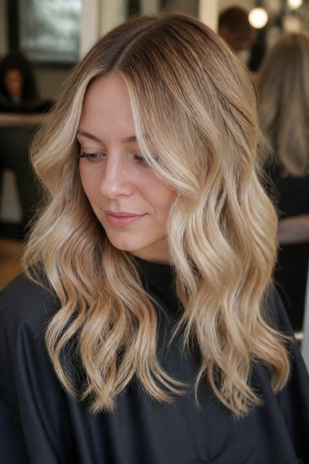 Client in a salon chair with champagne-gold hair in soft lighting