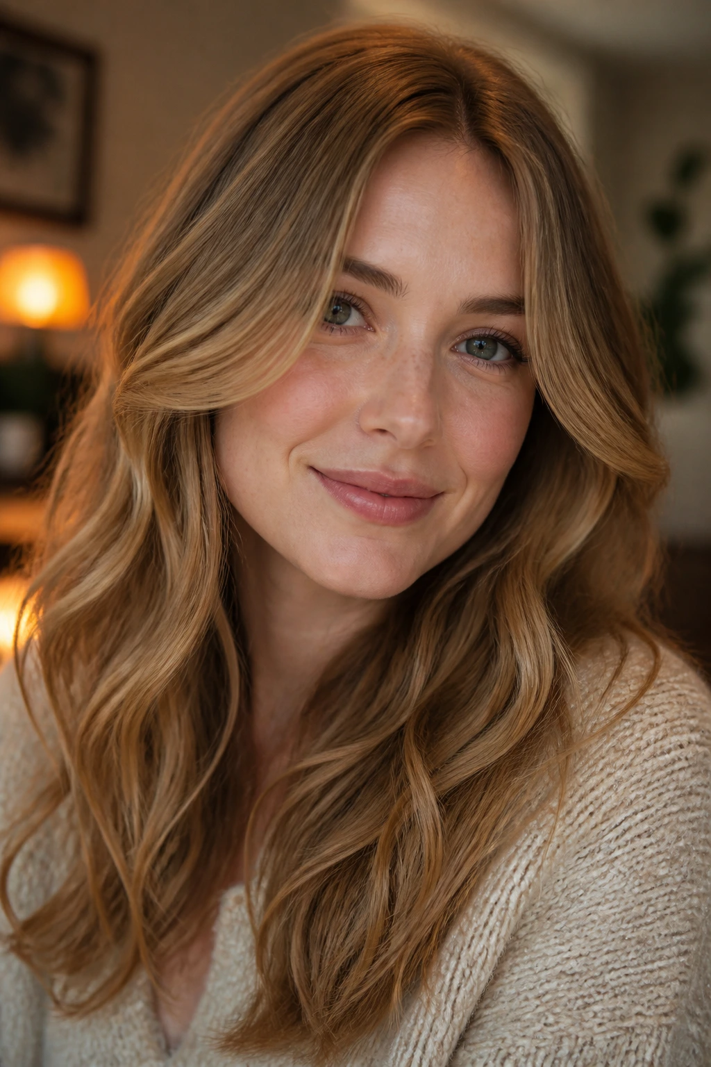 Portrait of a person with warm golden-brown blonde highlights under soft light.