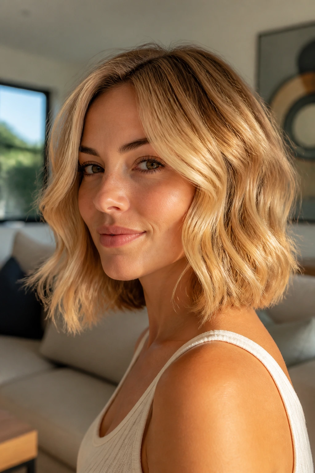 Close-up of a real woman with cheekbone-grazing waves in golden blonde lob