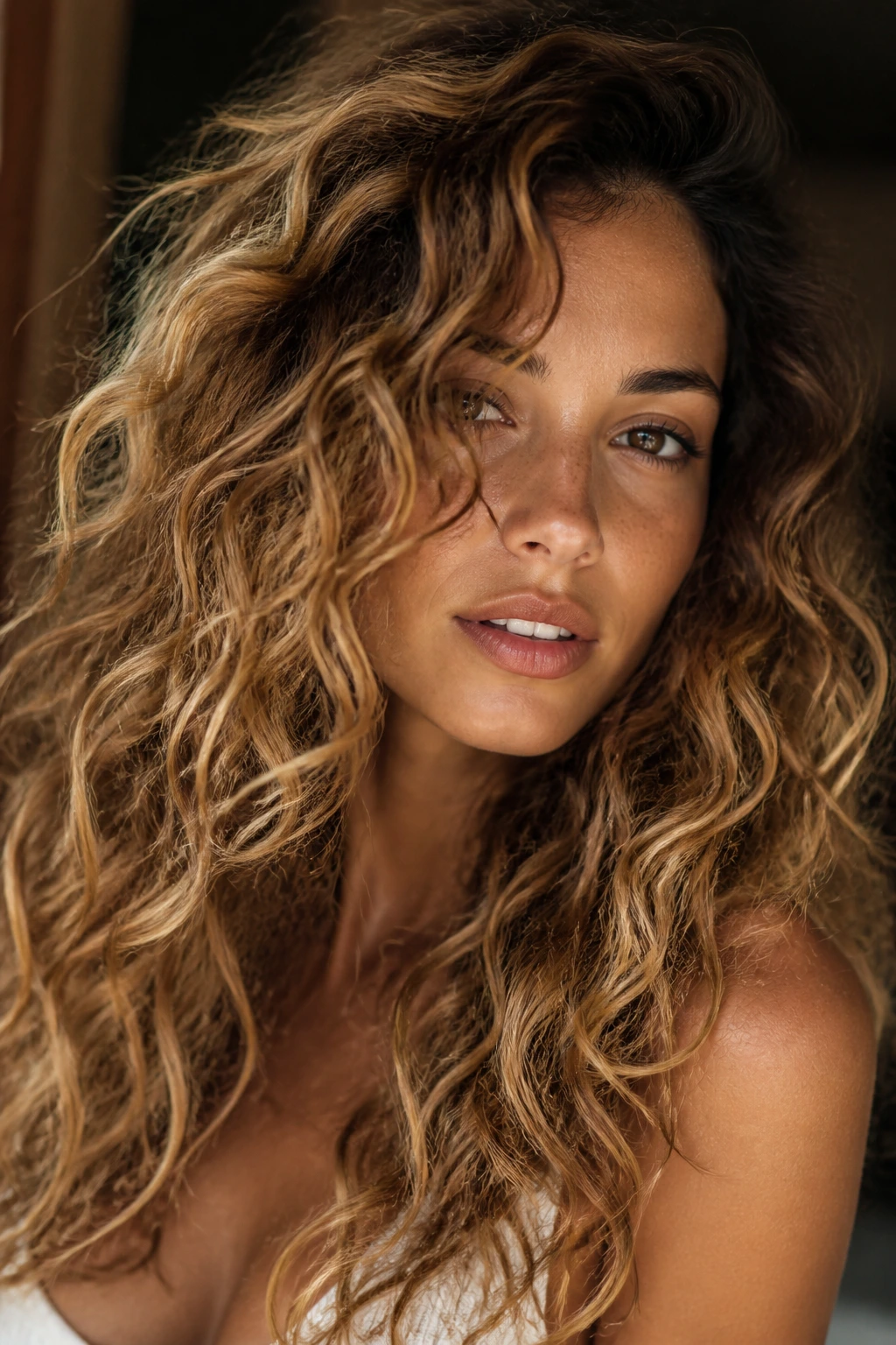 Close-up of golden bronde curls with gradient from brown to gold