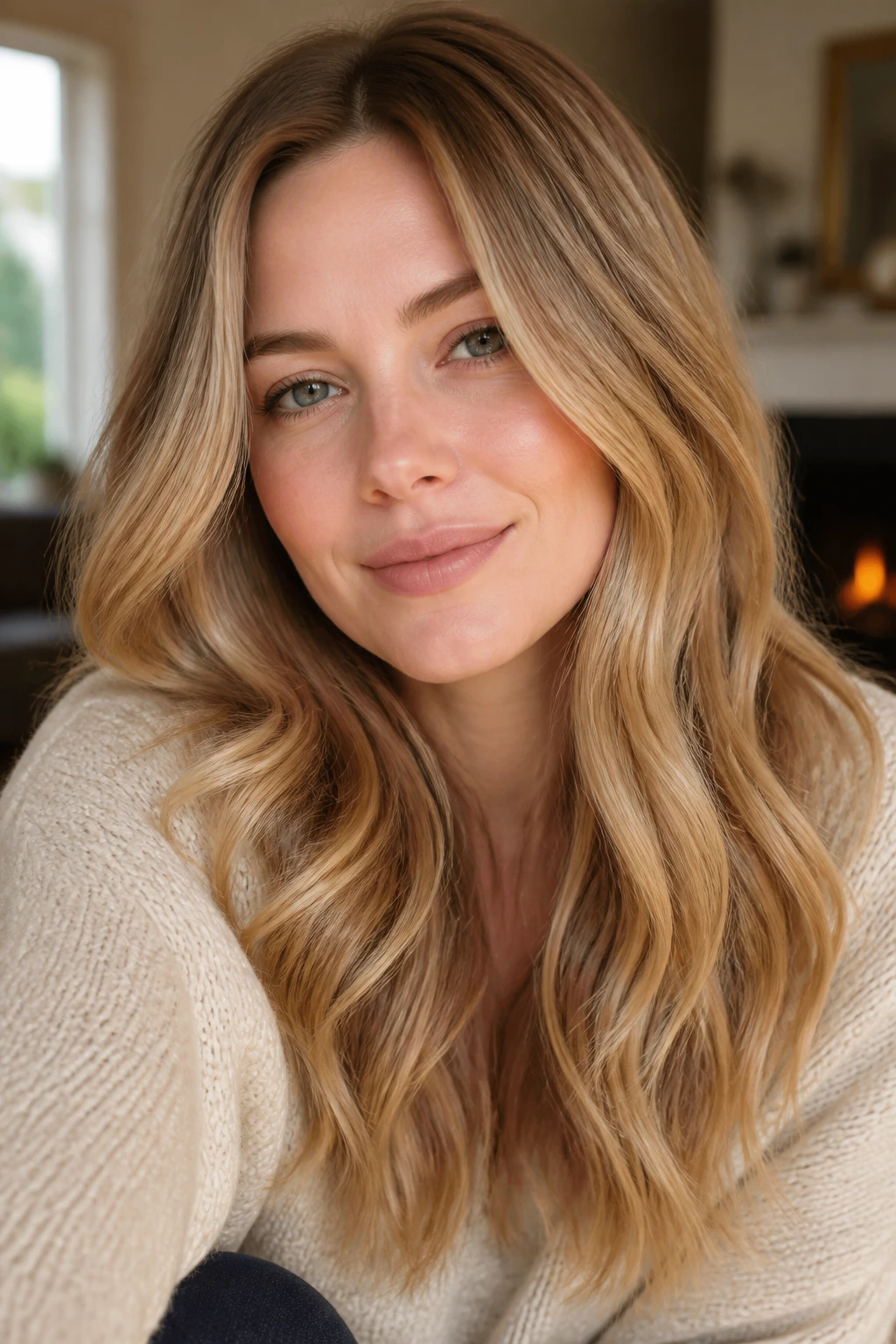 Close-up portrait of a woman with Golden Bronde hair in natural window light