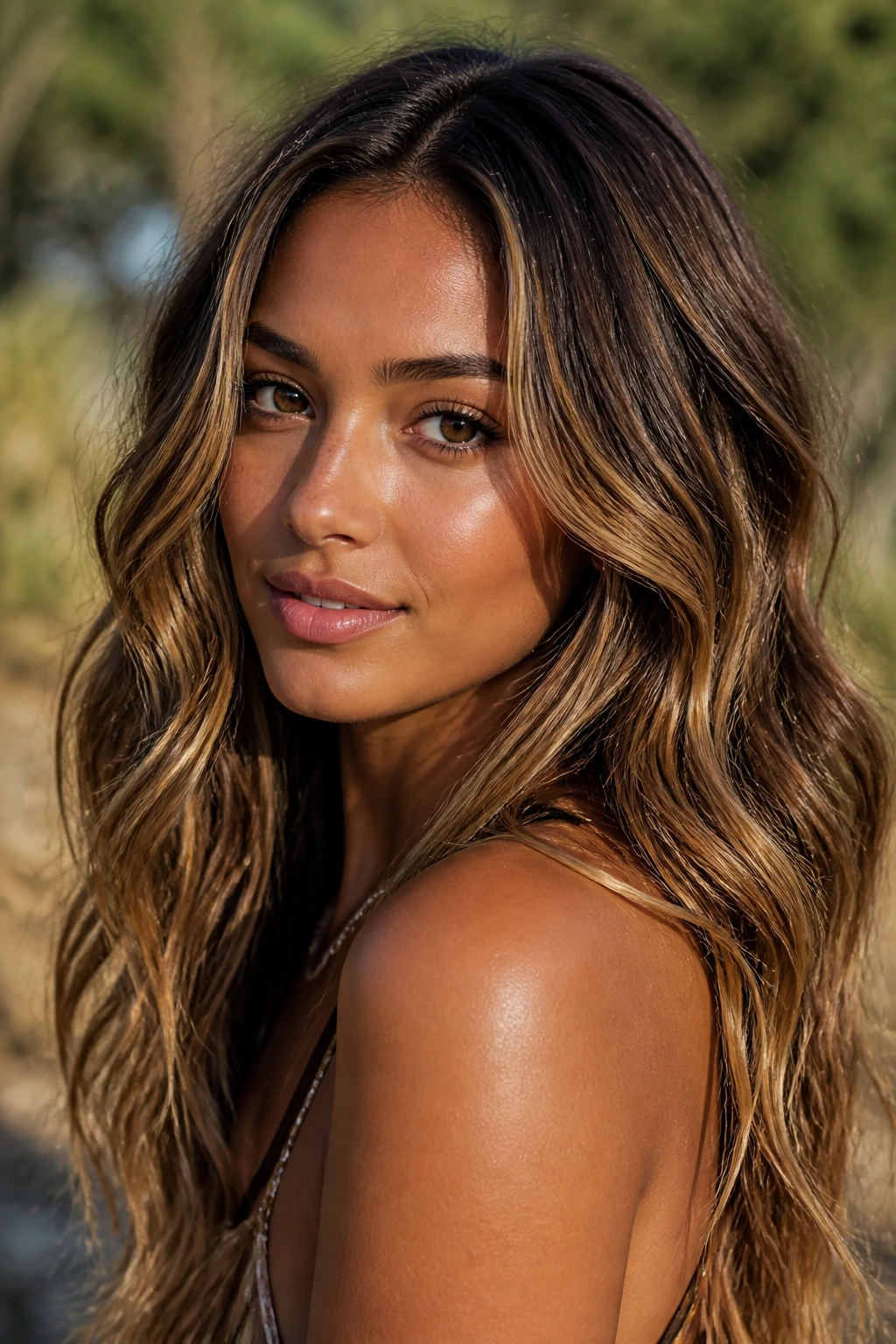 Long brown hair with golden bronde ribbon highlights on a real person.