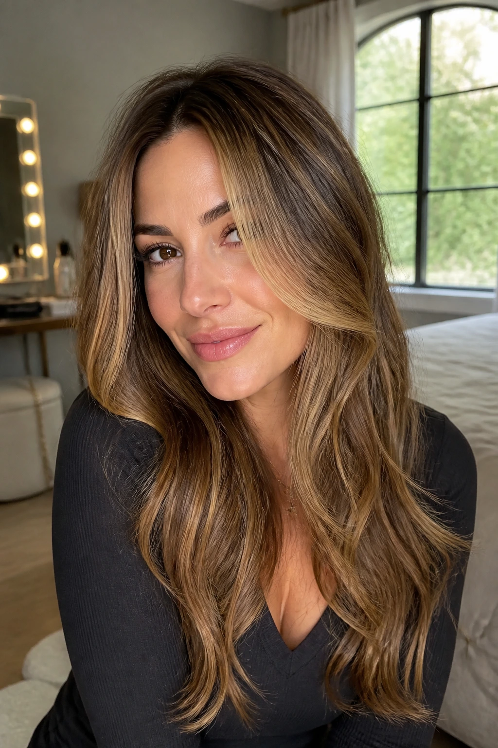 Close-up of brunette hair with golden bronde layers on a real woman, warm window light