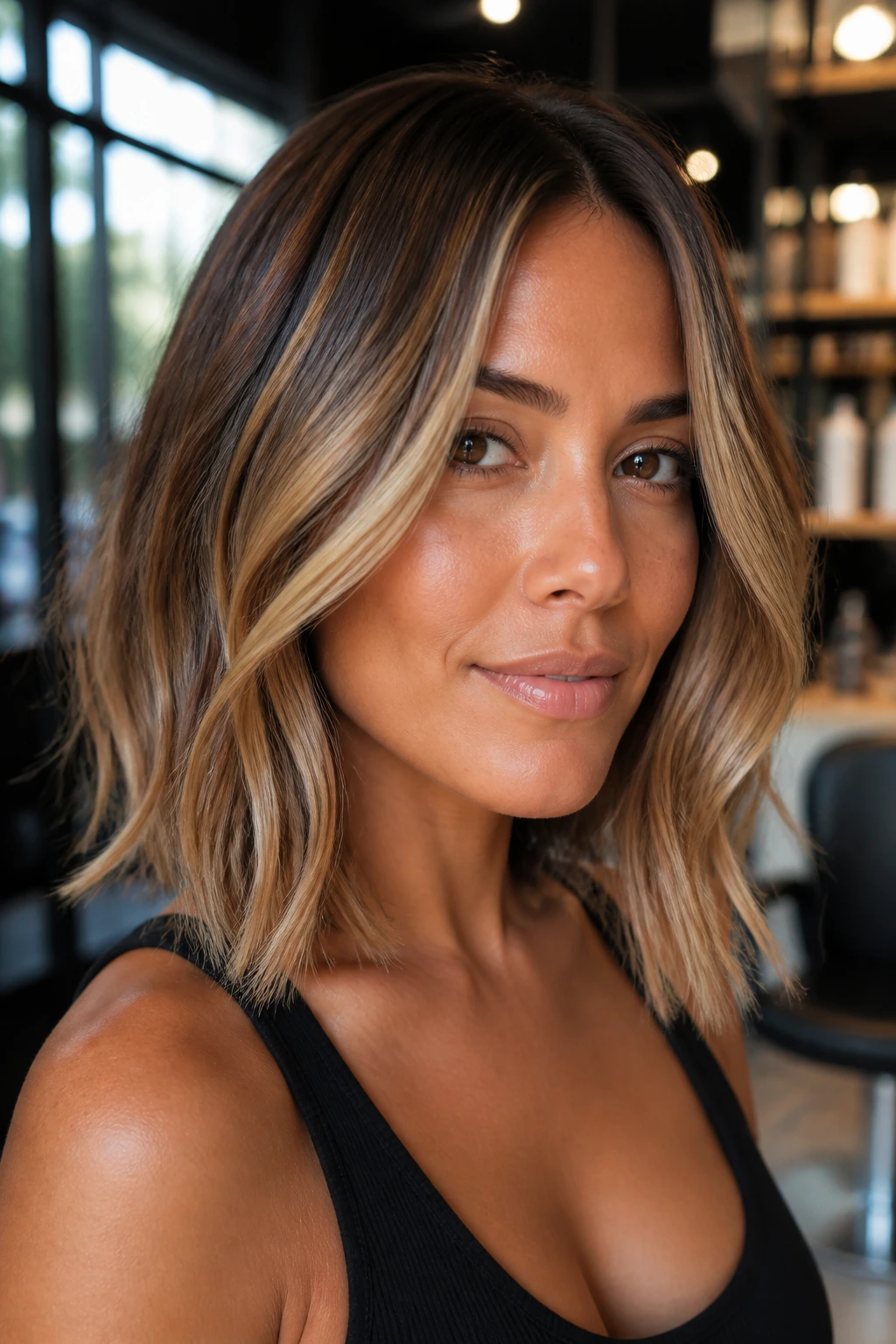 Portrait of a woman with golden bronde highlights on a long bob in soft light