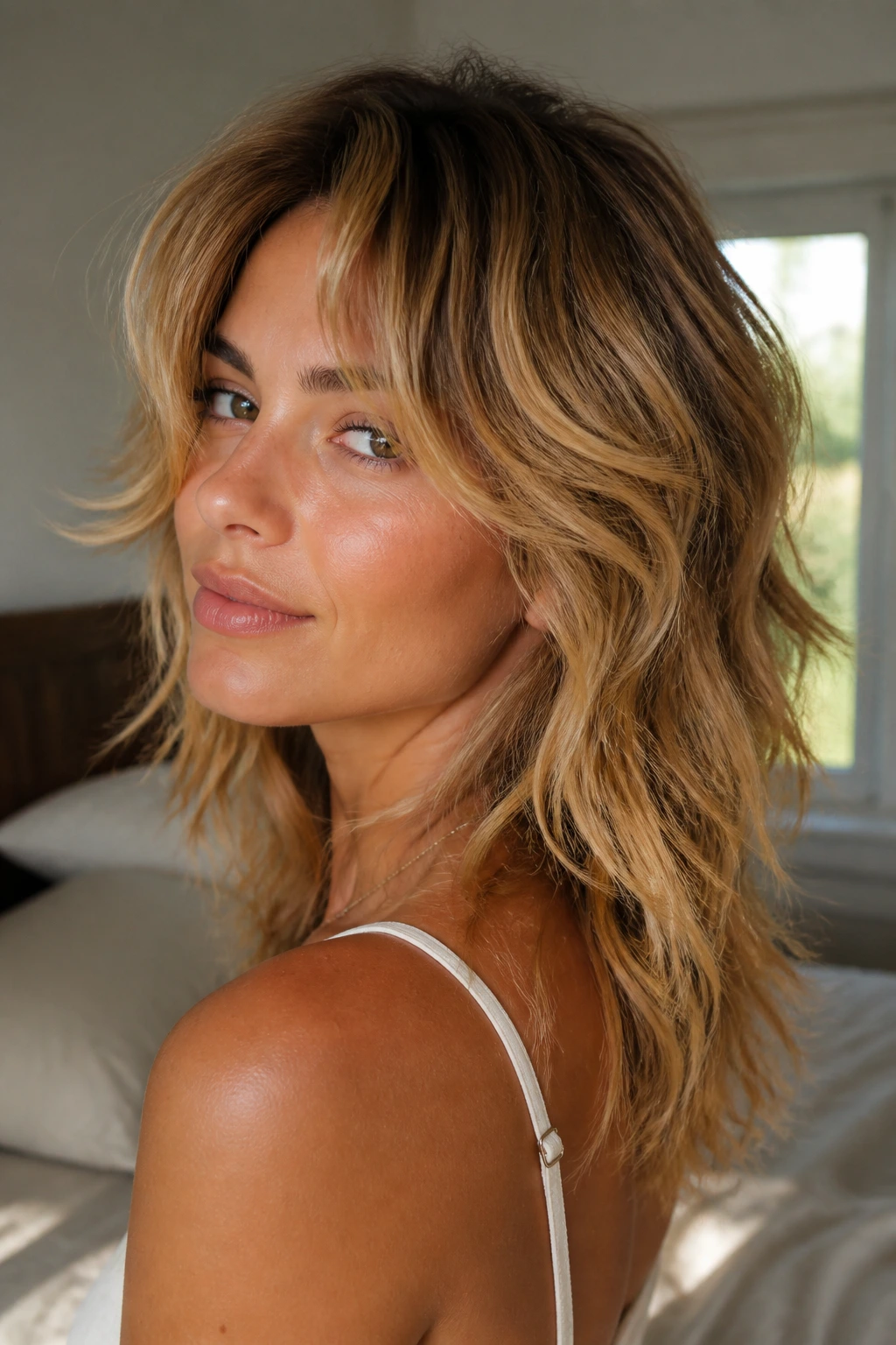 Close-up portrait of a real woman with golden bronde shag featuring dark roots and feathered layers