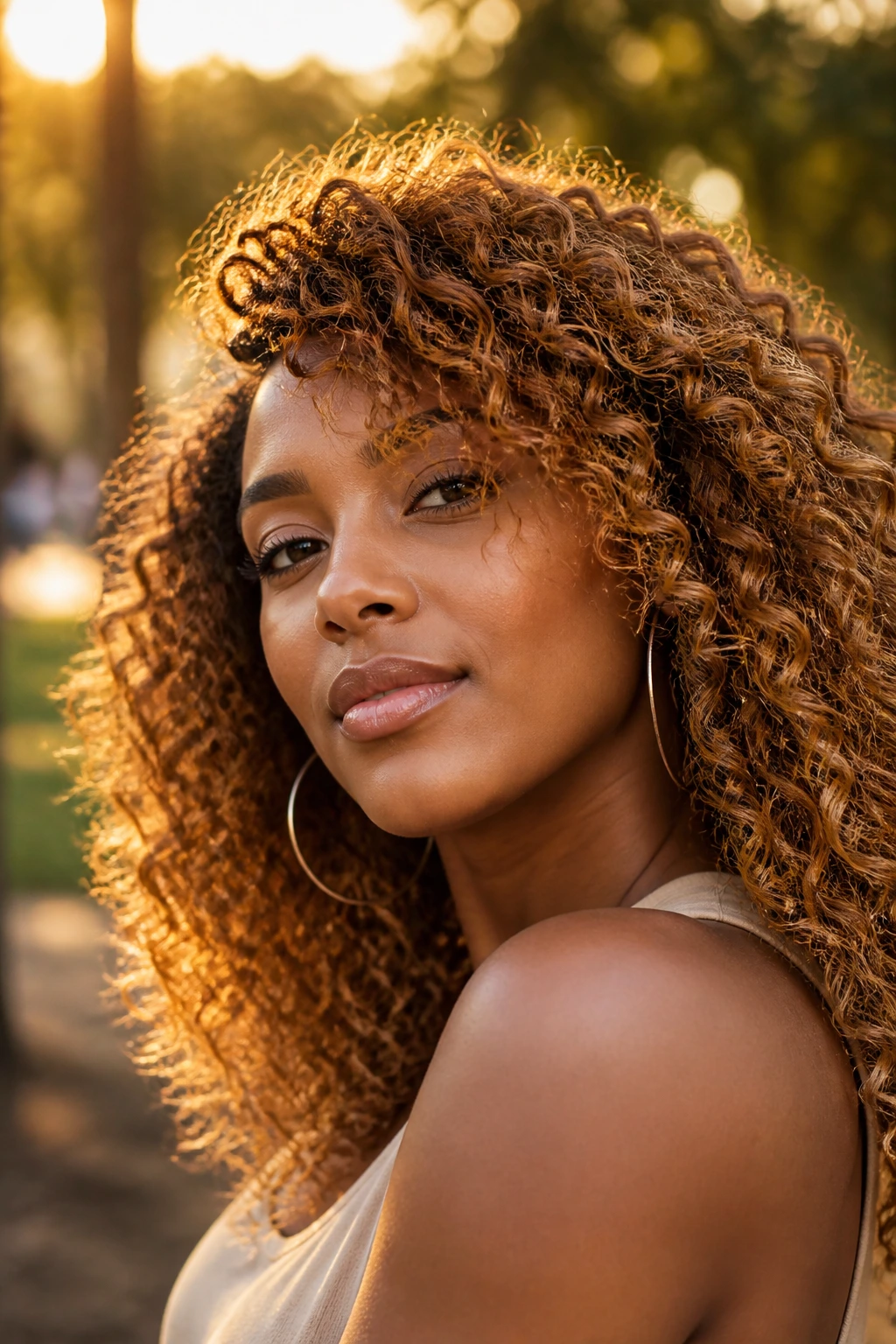 Close-up of golden bronze hair catching sunlight on textured curls outdoors
