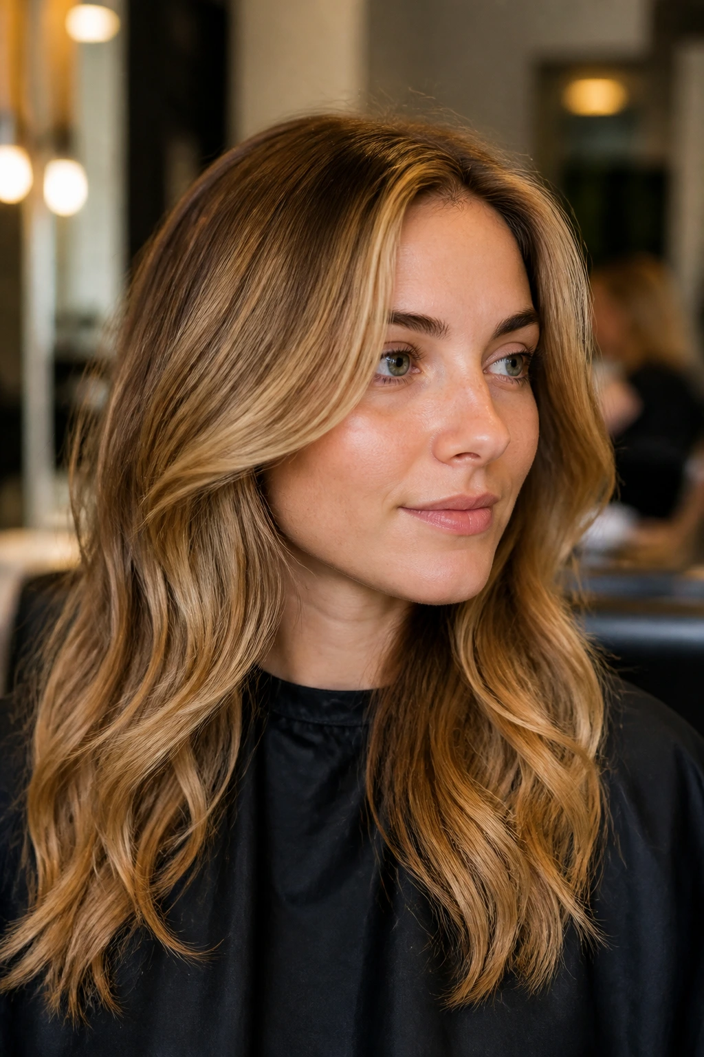 Portrait of a real person with golden brown blonde highlights framed by salon chair lighting