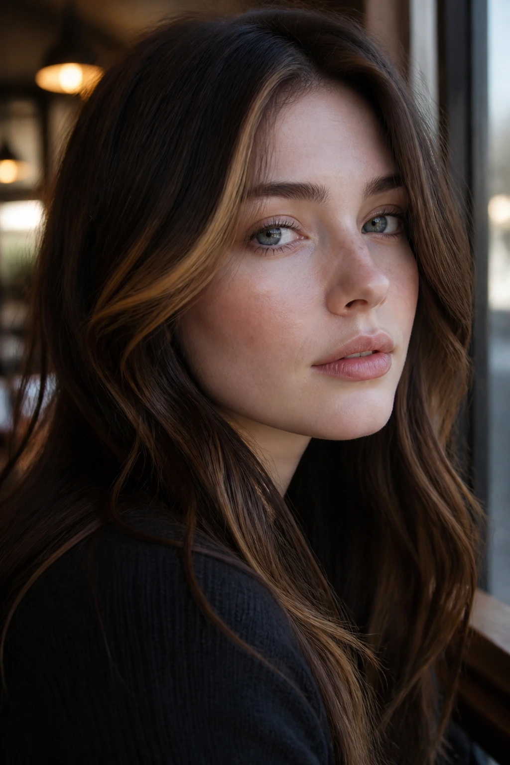 Close-up of a real woman's face with a narrow golden brown glow strip along the cheek.