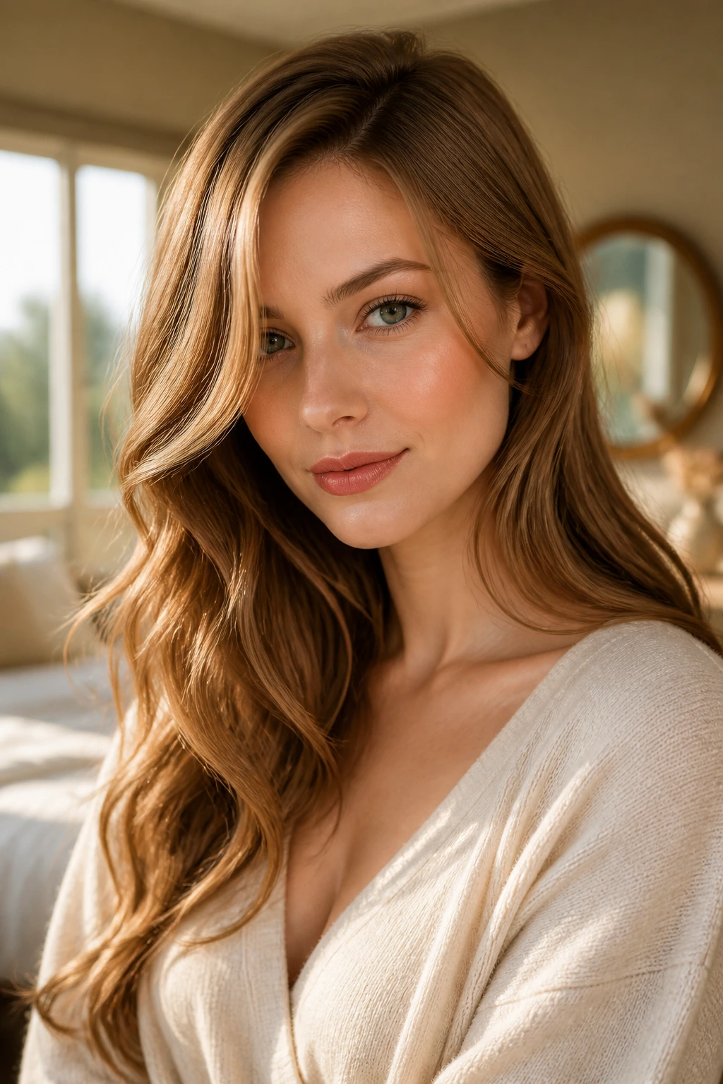 Portrait of a woman with golden brown hair styled to flatter the face