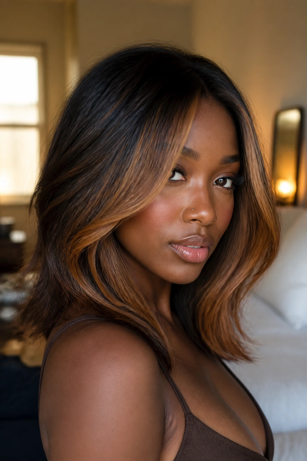 Close-up portrait of a woman with golden-brown face-framing highlights around her jawline