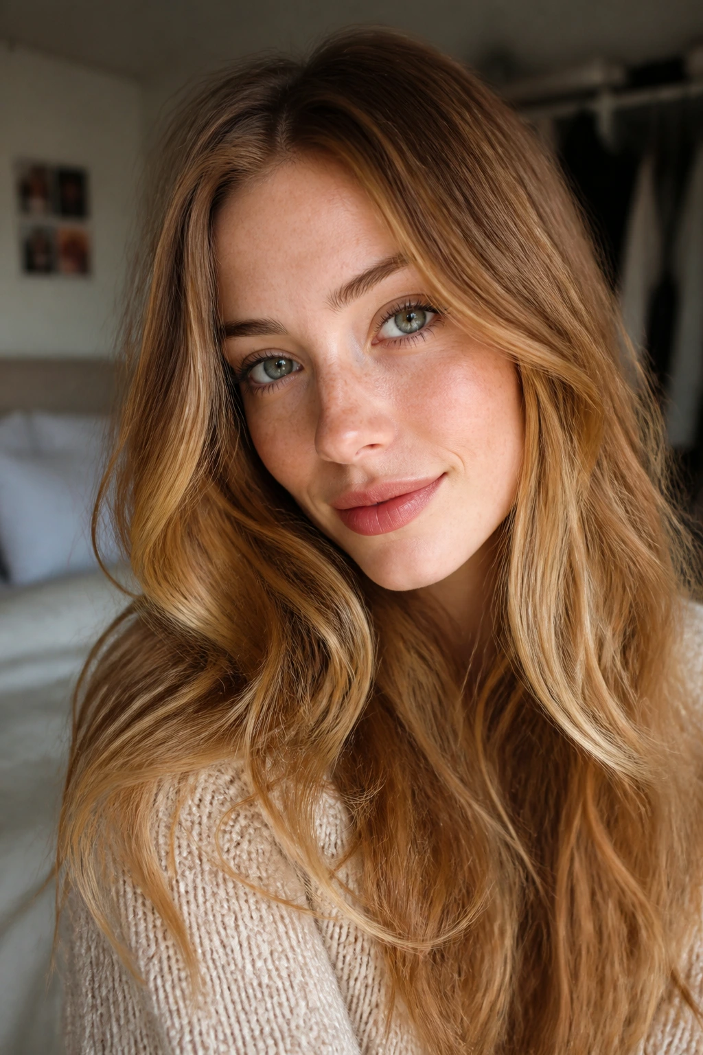 Close-up portrait of a real person with wearable golden brown hair and pale skin in warm window light.