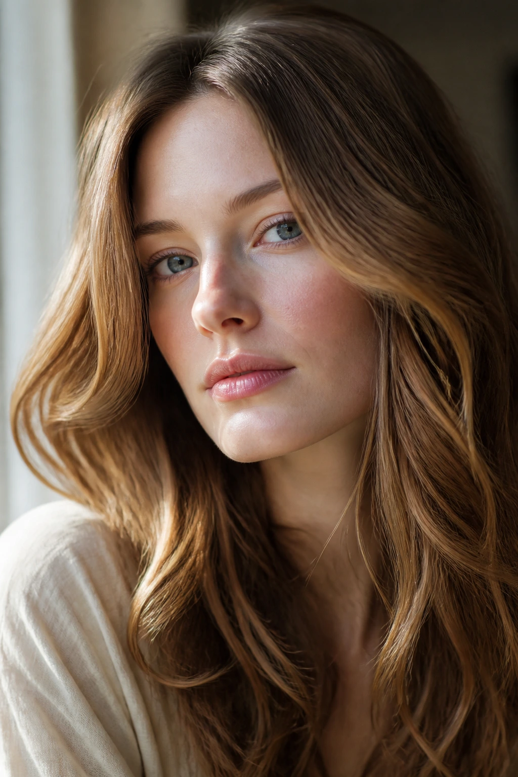 Portrait of a pale-skinned person with golden brown hair framing the face in daylight