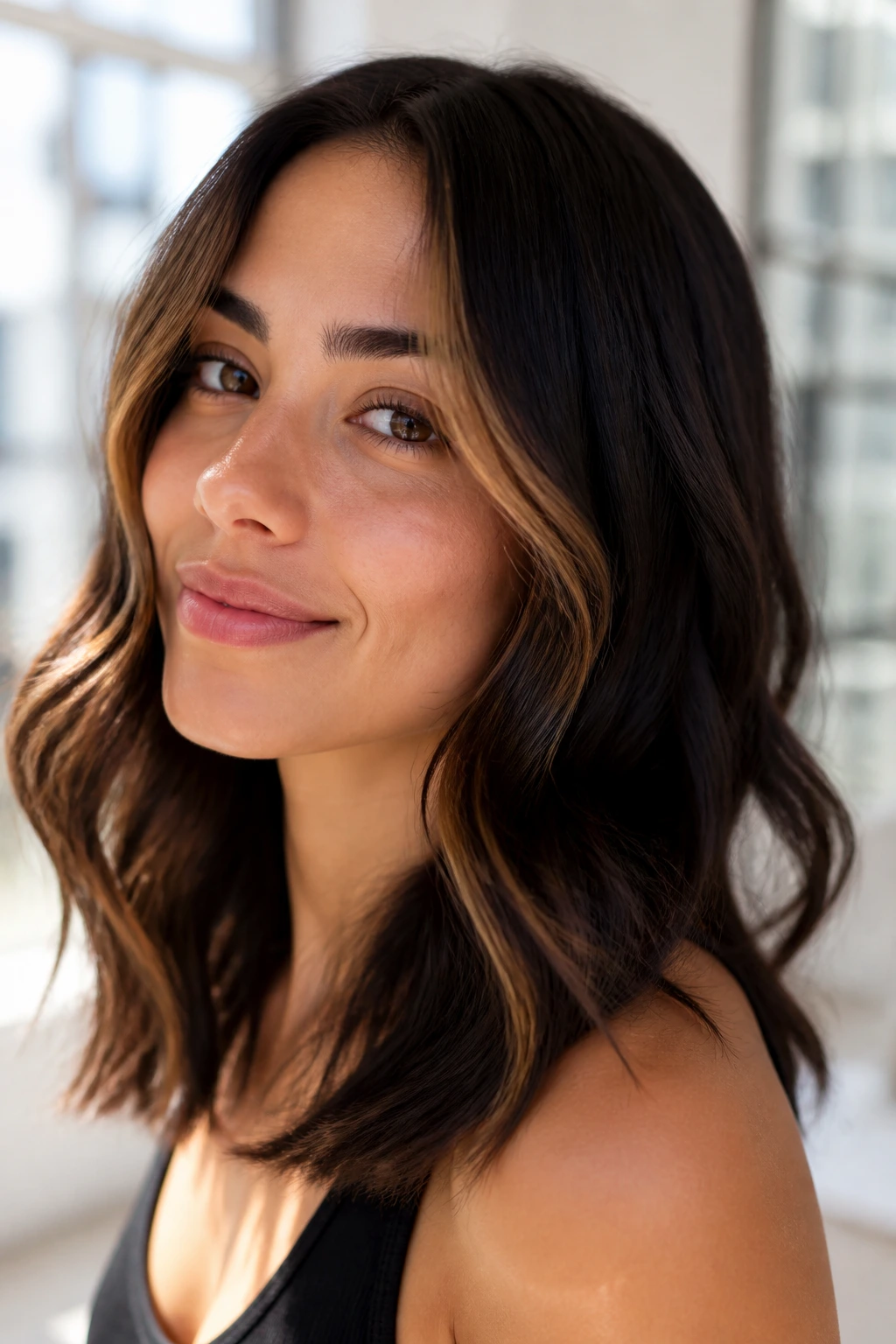 Close-up showing tiny golden-brown whisper highlights around the face on dark hair