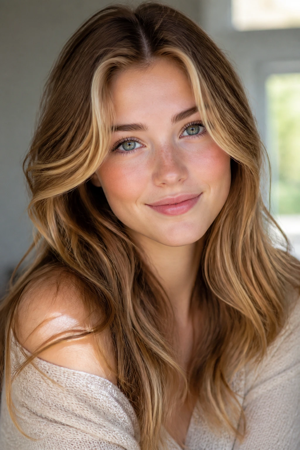 Portrait of a fair-skinned woman with golden-brown blonde highlights framing her face