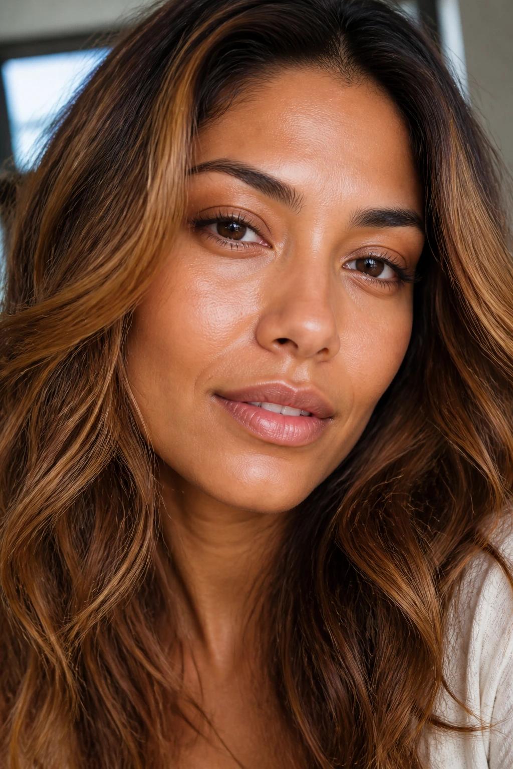 Portrait showing golden brown hair flatters medium skin tone