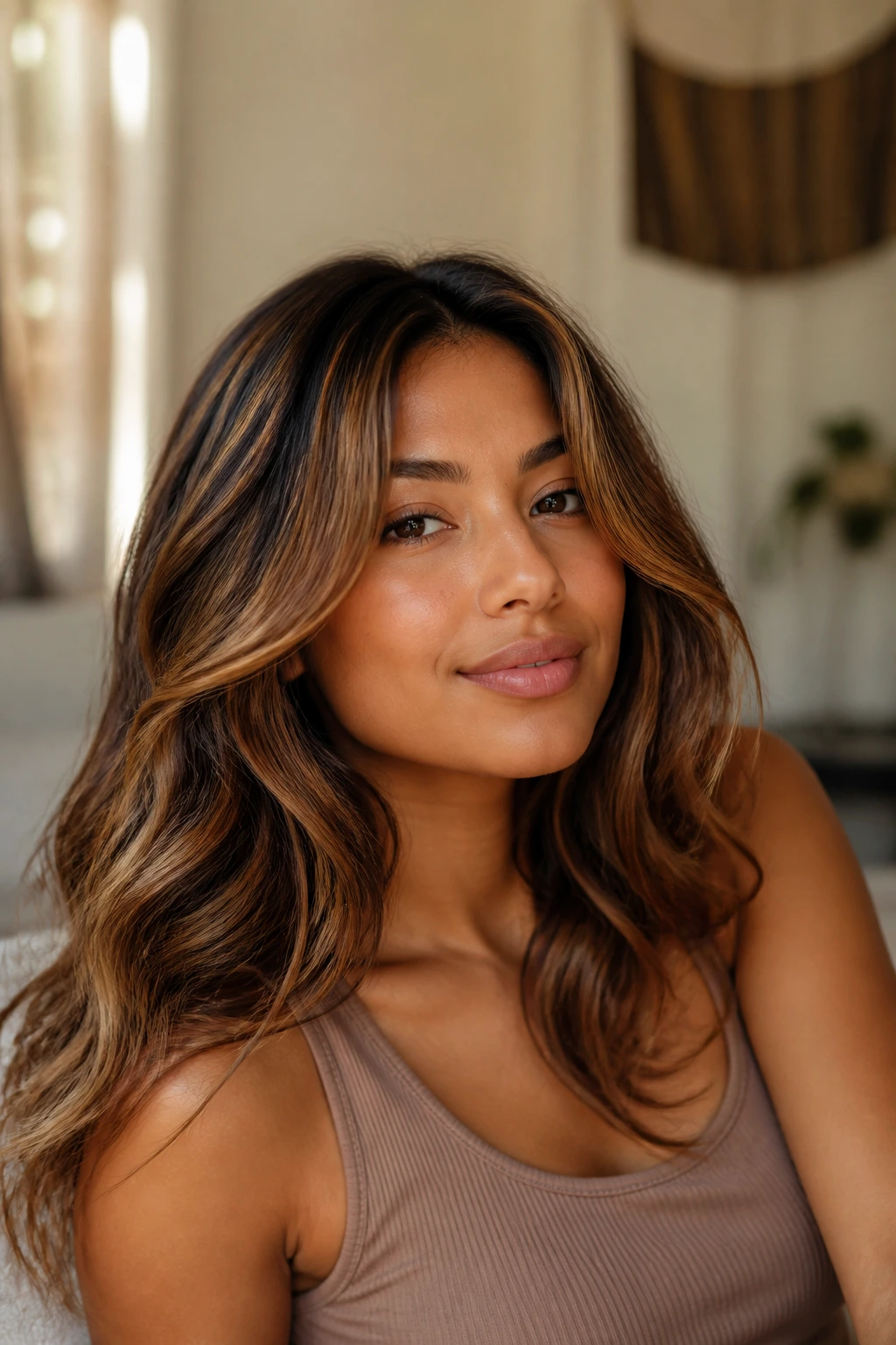 Close-up of golden brown hair on medium skin with flattering undertones