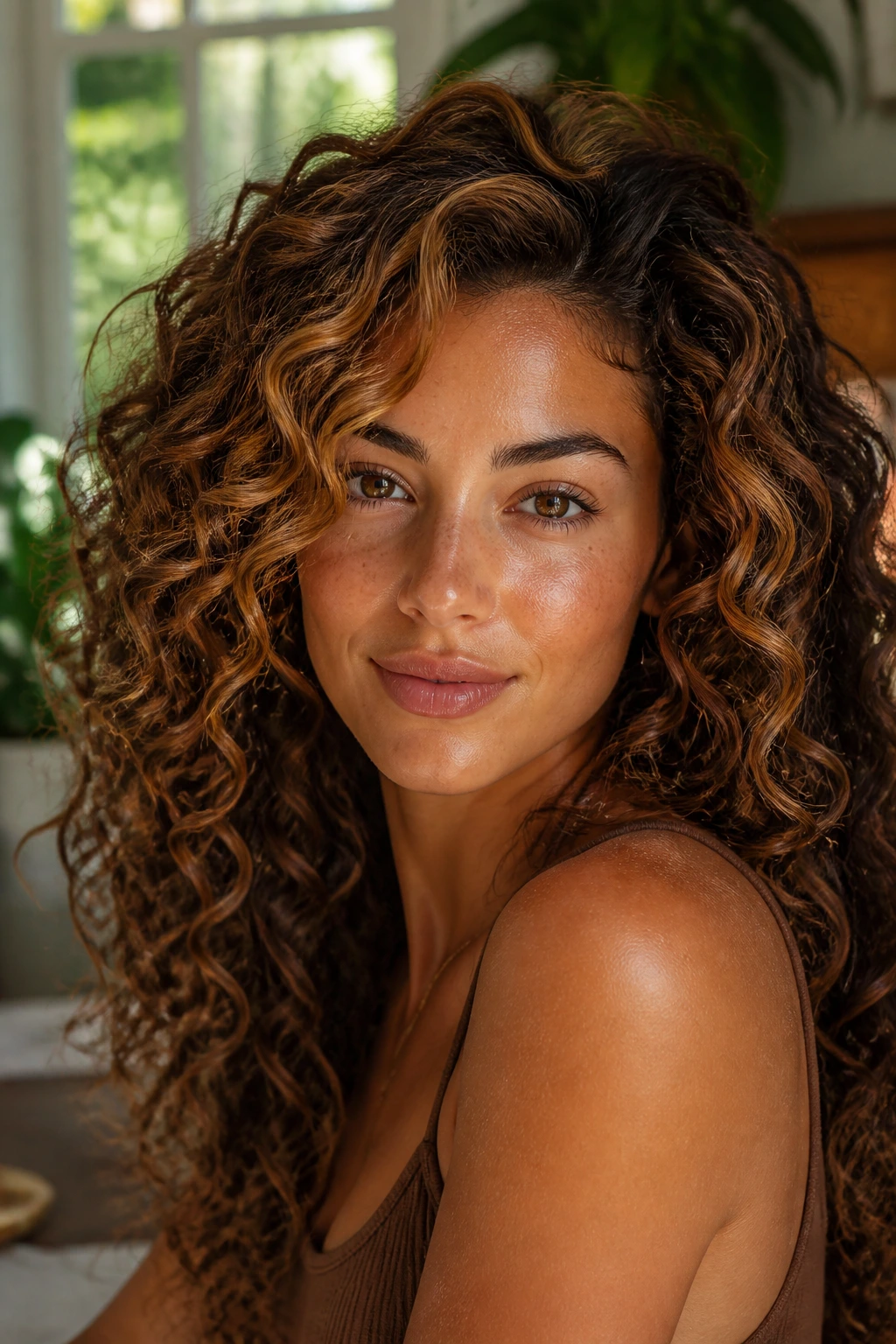 Real woman with golden brown swirl highlights on curly hair in natural light