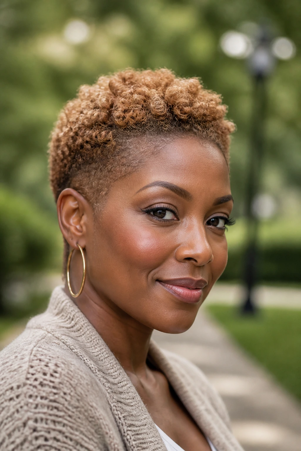 Close-up of Golden Brown Tapered TWA on deep skin