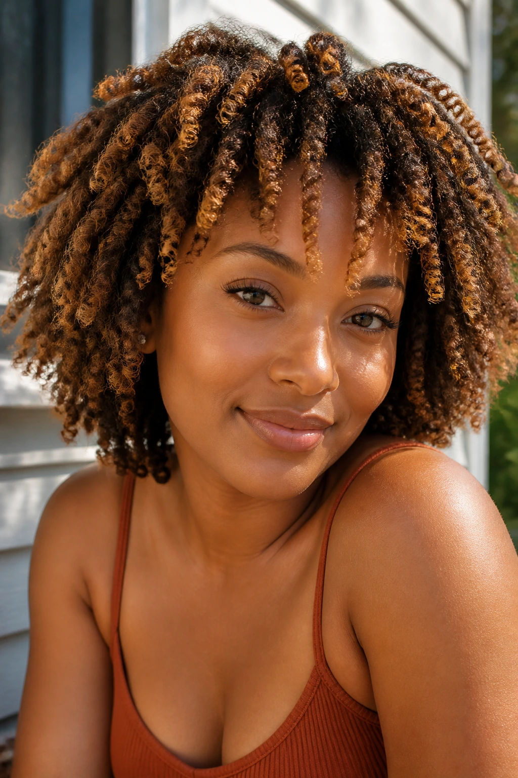 Close-up portrait of a real person with golden brown twist-out showing texture