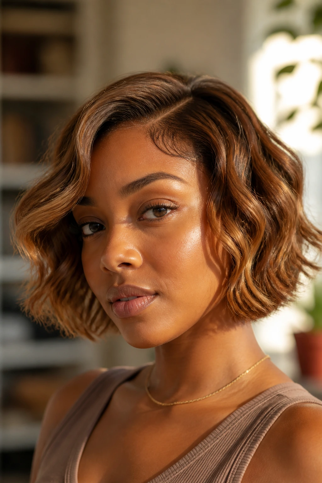 Close-up of a Black woman with a golden-brown wavy bob and caramel highlights.