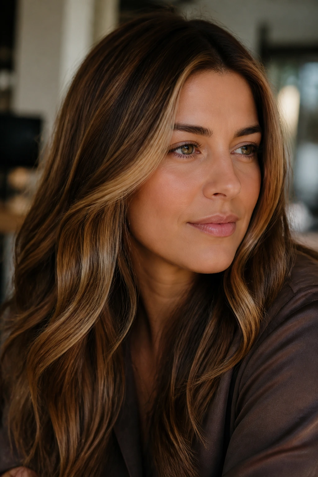 Real woman with golden glaze adding subtle shine to brown hair