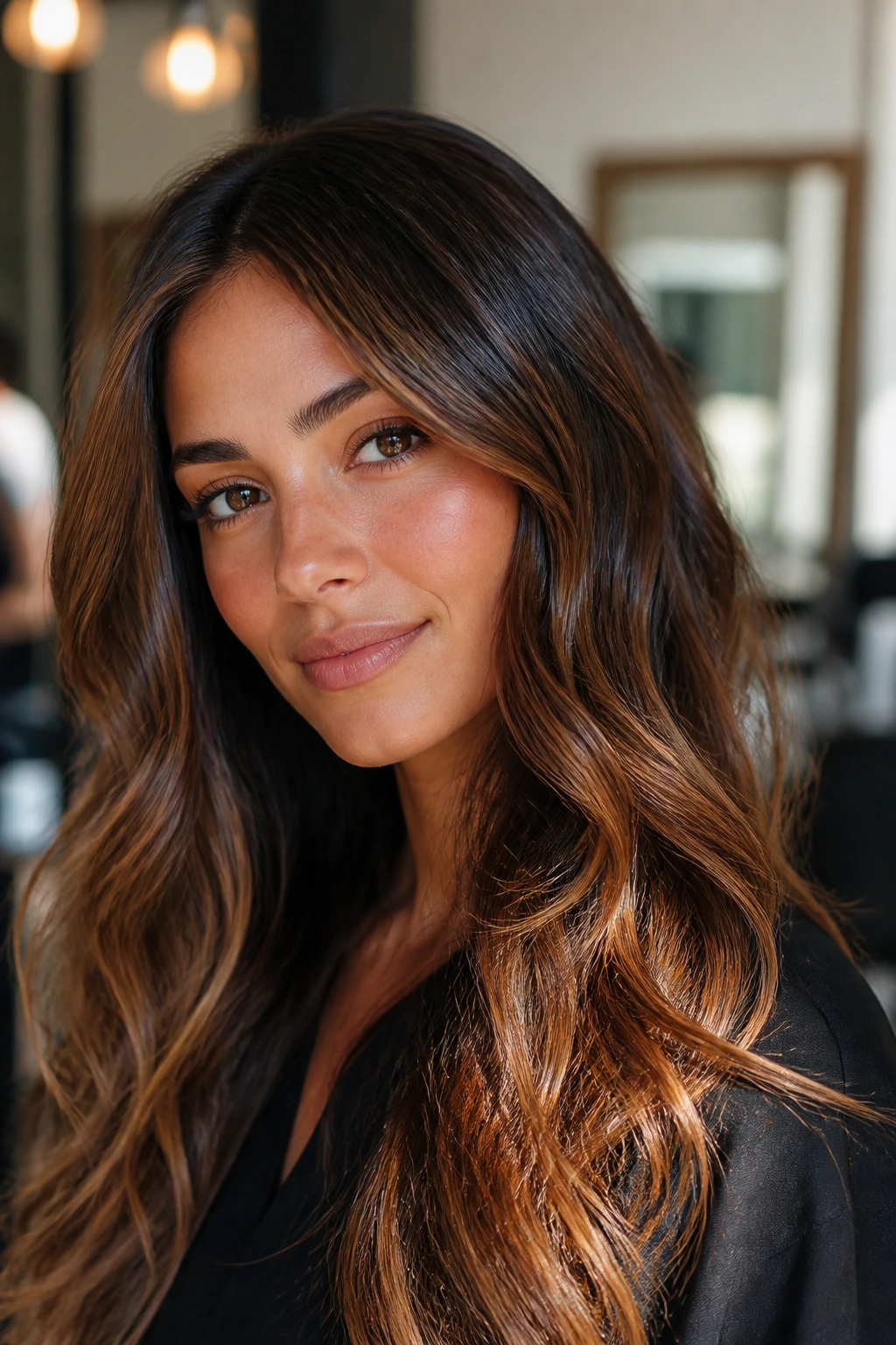 Glossy brunette hair with warm golden gloss under soft natural light