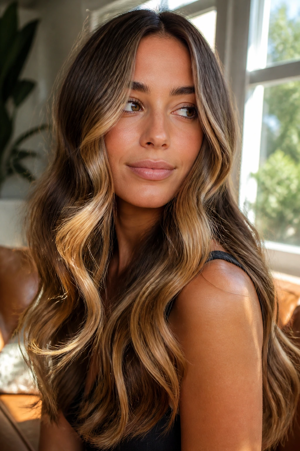 Close-up of a real woman with long wavy golden-brunette hair and airy highlights in warm sunlight