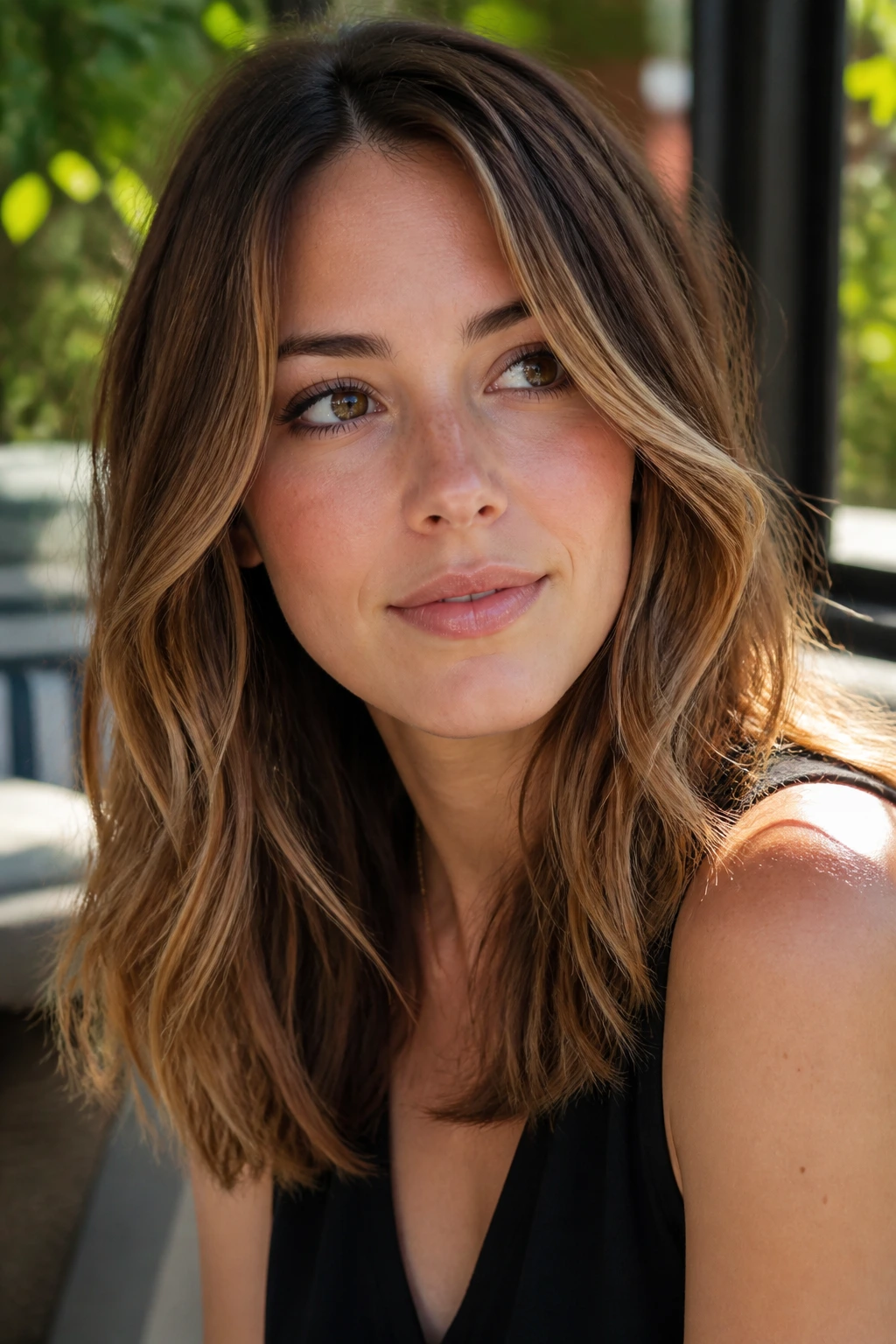 Close-up portrait of a real woman with golden brunette hair and ribbon highlights.