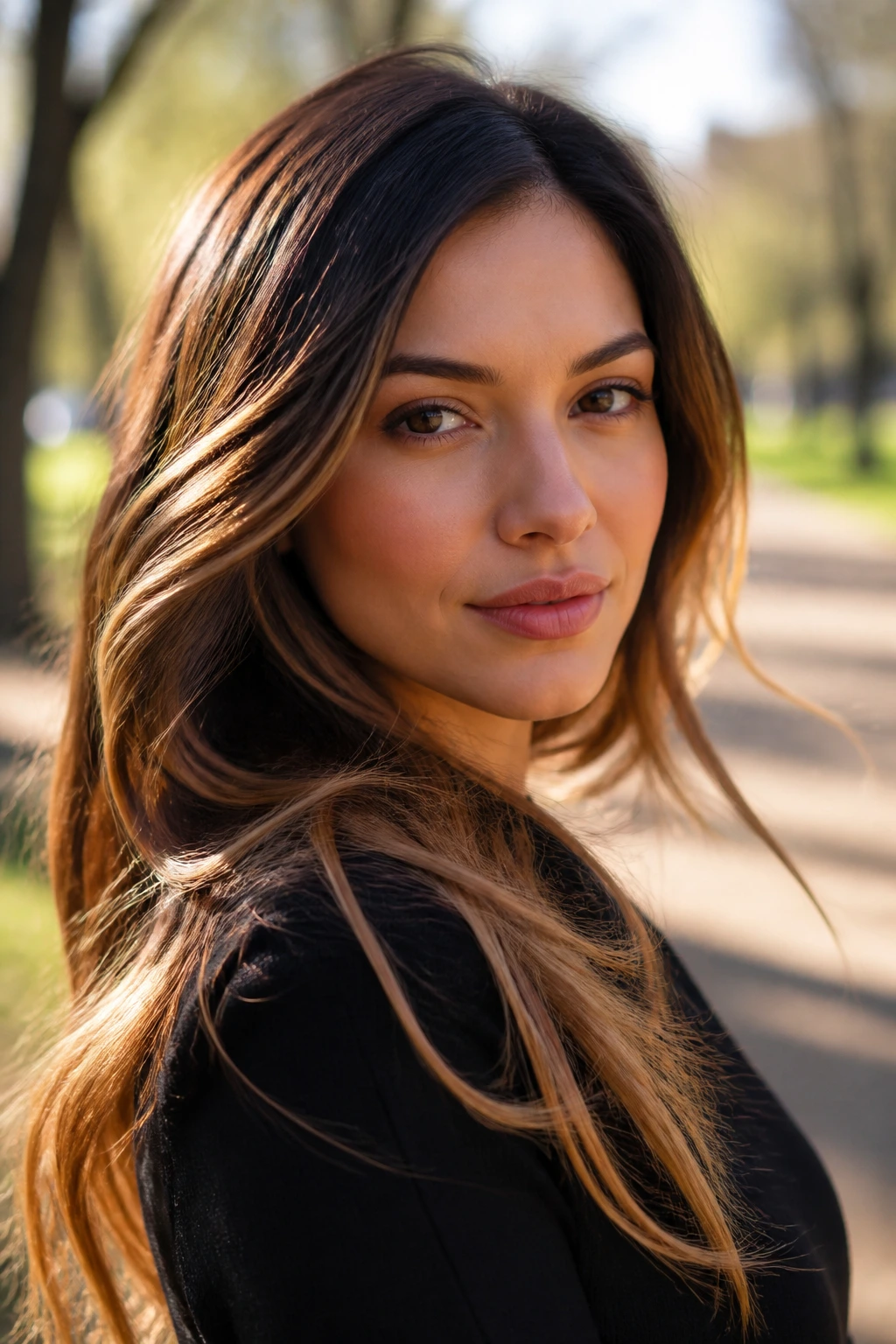 Close-up of a real woman with golden brunette sweep through mids and ends
