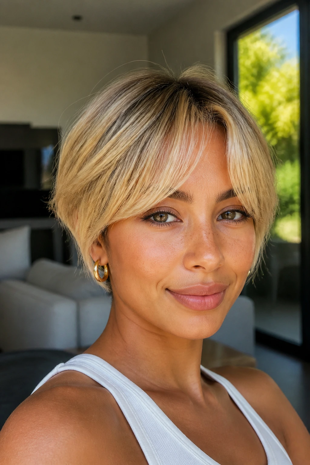 Close-up of a woman with golden butter crop and curtain bangs in sunny window light.