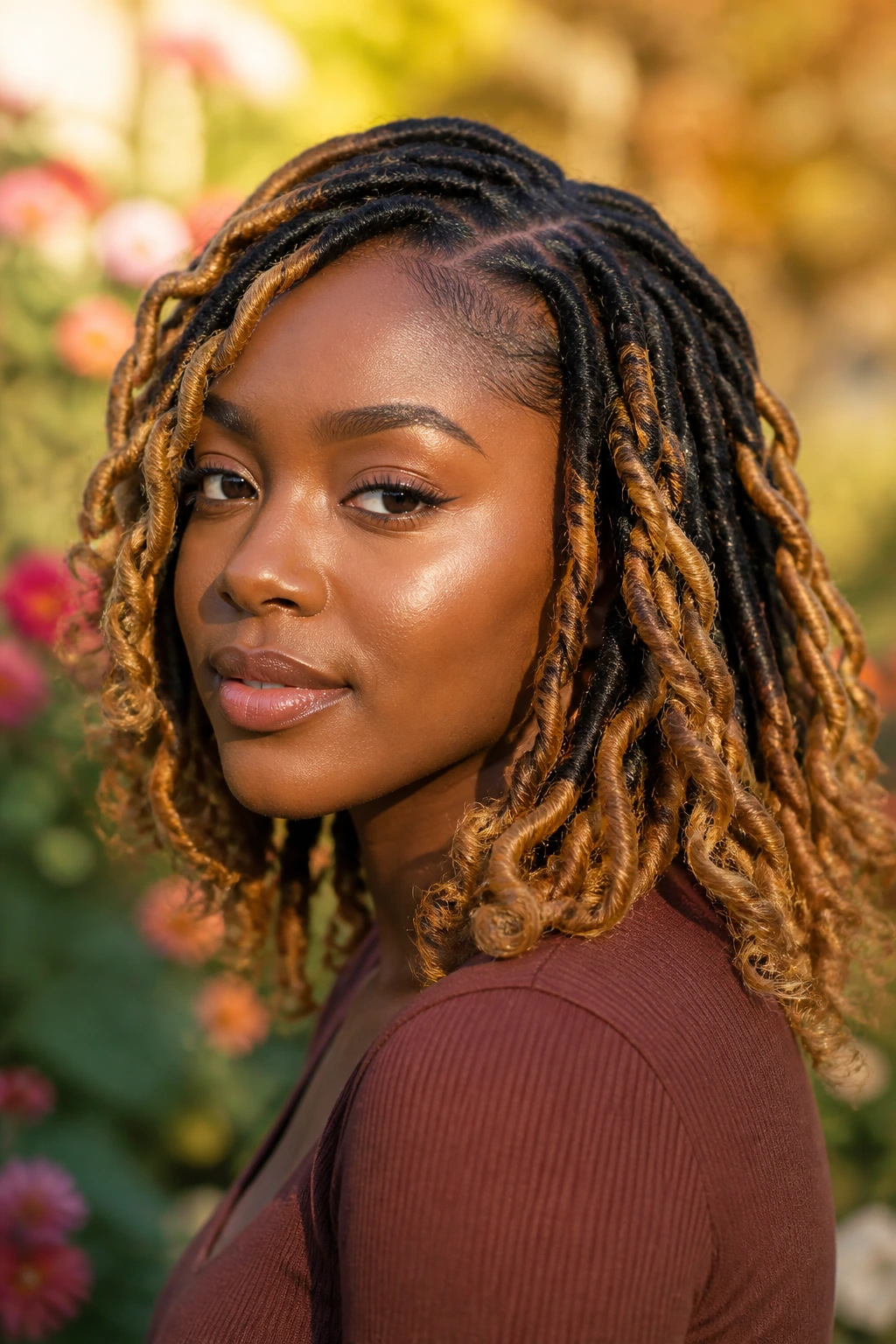 Close-up of a real person with golden butterfly locs and darker roots.