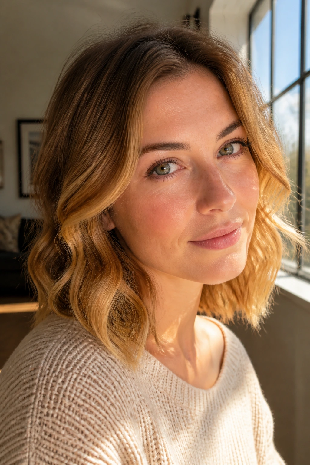 Close-up portrait of a real woman with golden butterscotch hair by a sunlit window