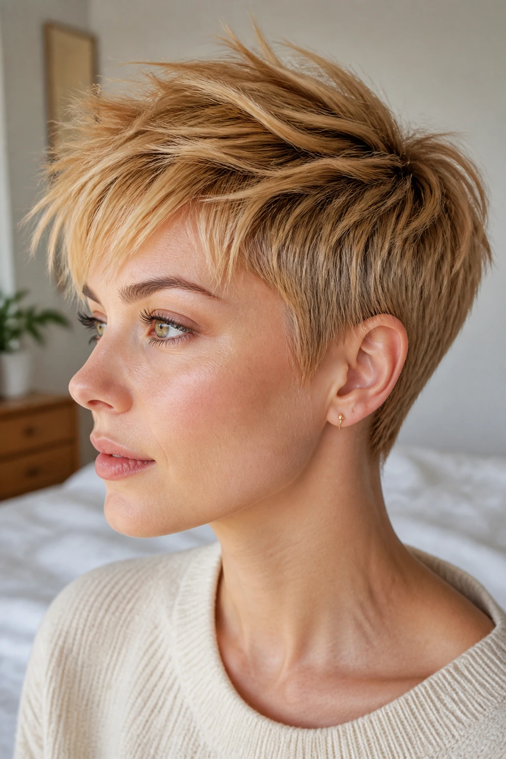 Real woman with golden butterscotch pixie and crown lift in morning light