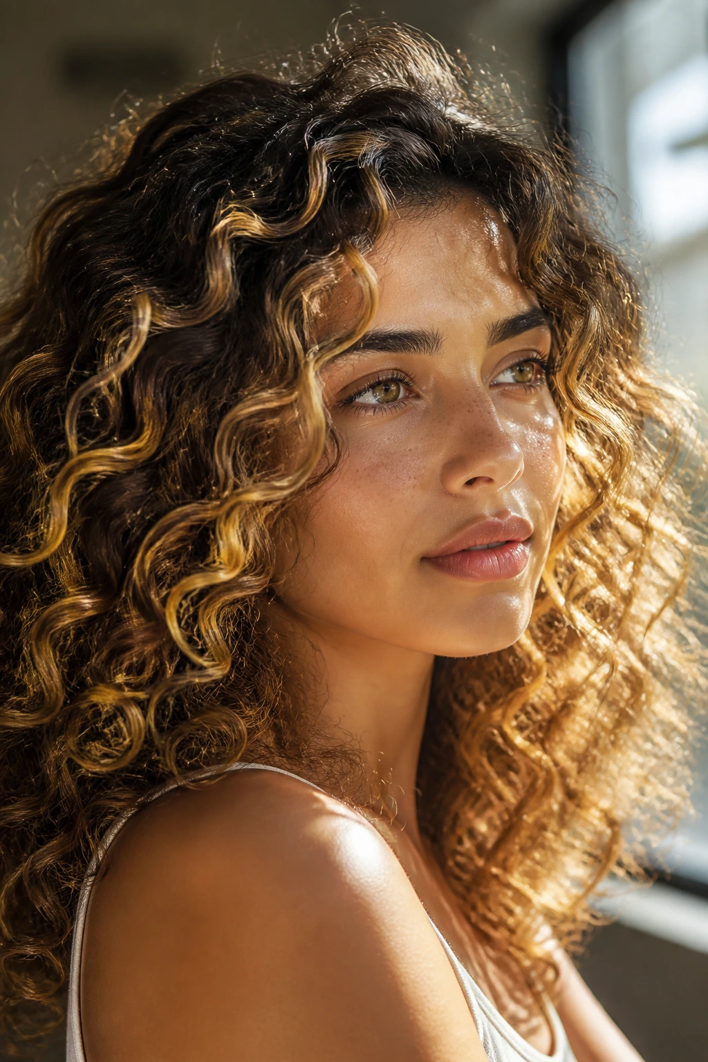 Close-up portrait of a real woman with golden caramel curls catching light