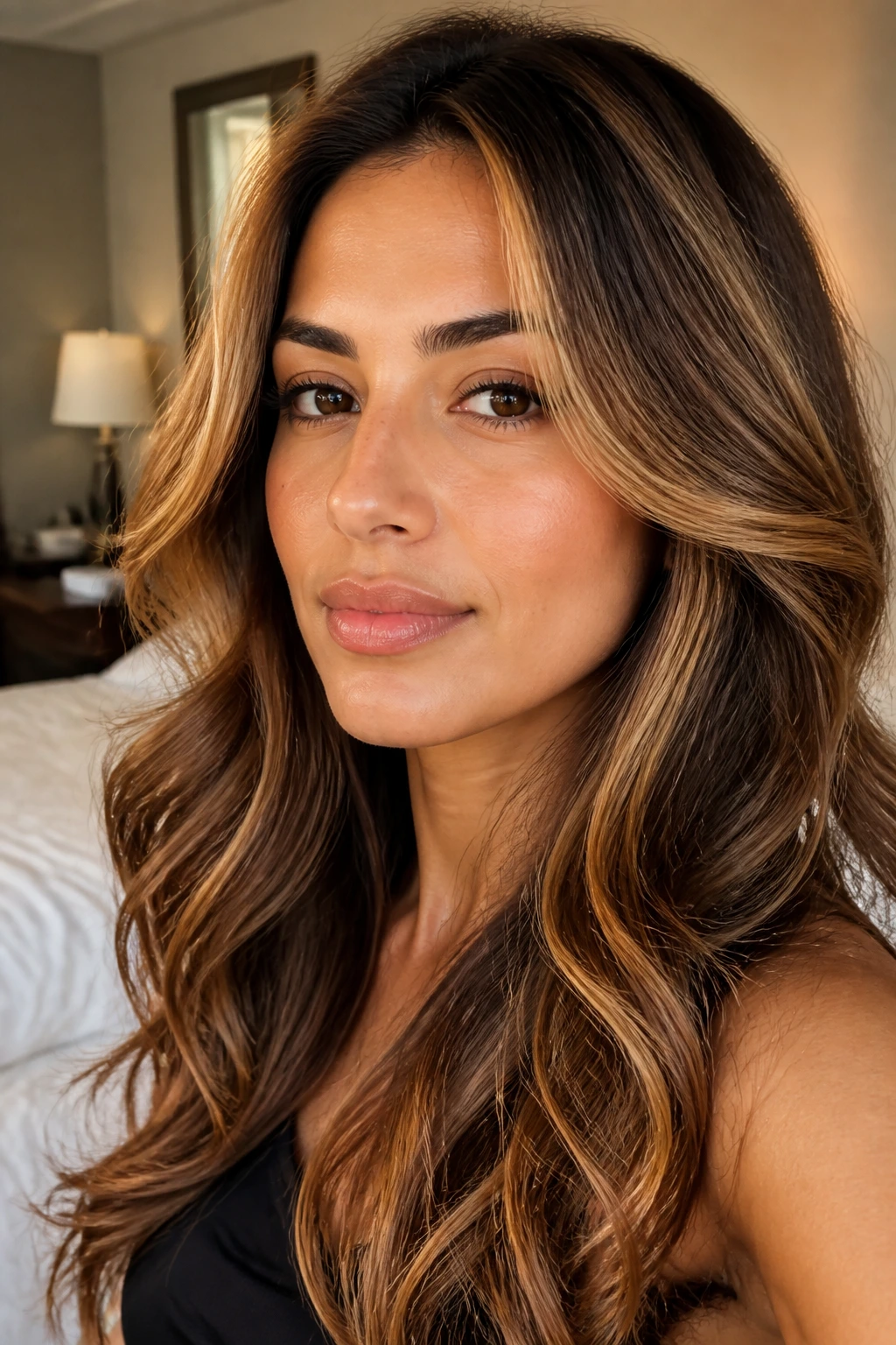 Real person with golden caramel halo highlights around the crown