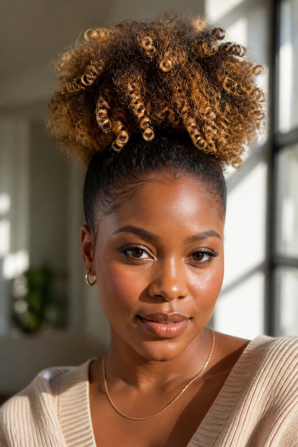 Close-up of a real woman with a golden caramel high puff