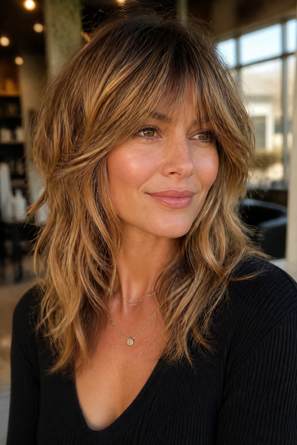 Portrait of a real woman with golden caramel highlights on a shag haircut