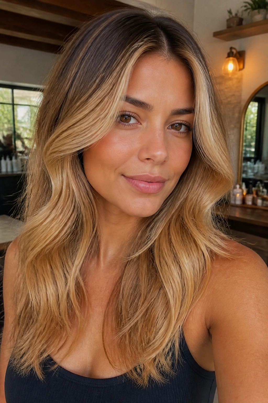 Close-up of a person with golden champagne balayage and warm ends