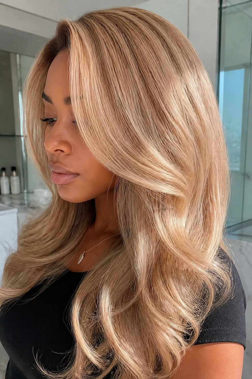 Close-up of champagne blonde on deep skin tones with glossy shine.