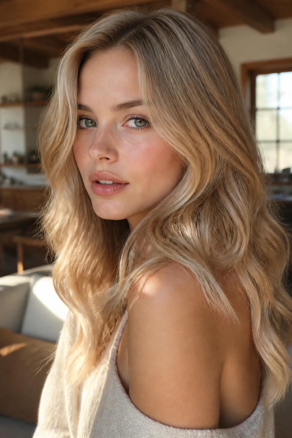 Close-up portrait of a real person with golden champagne blonde waves.