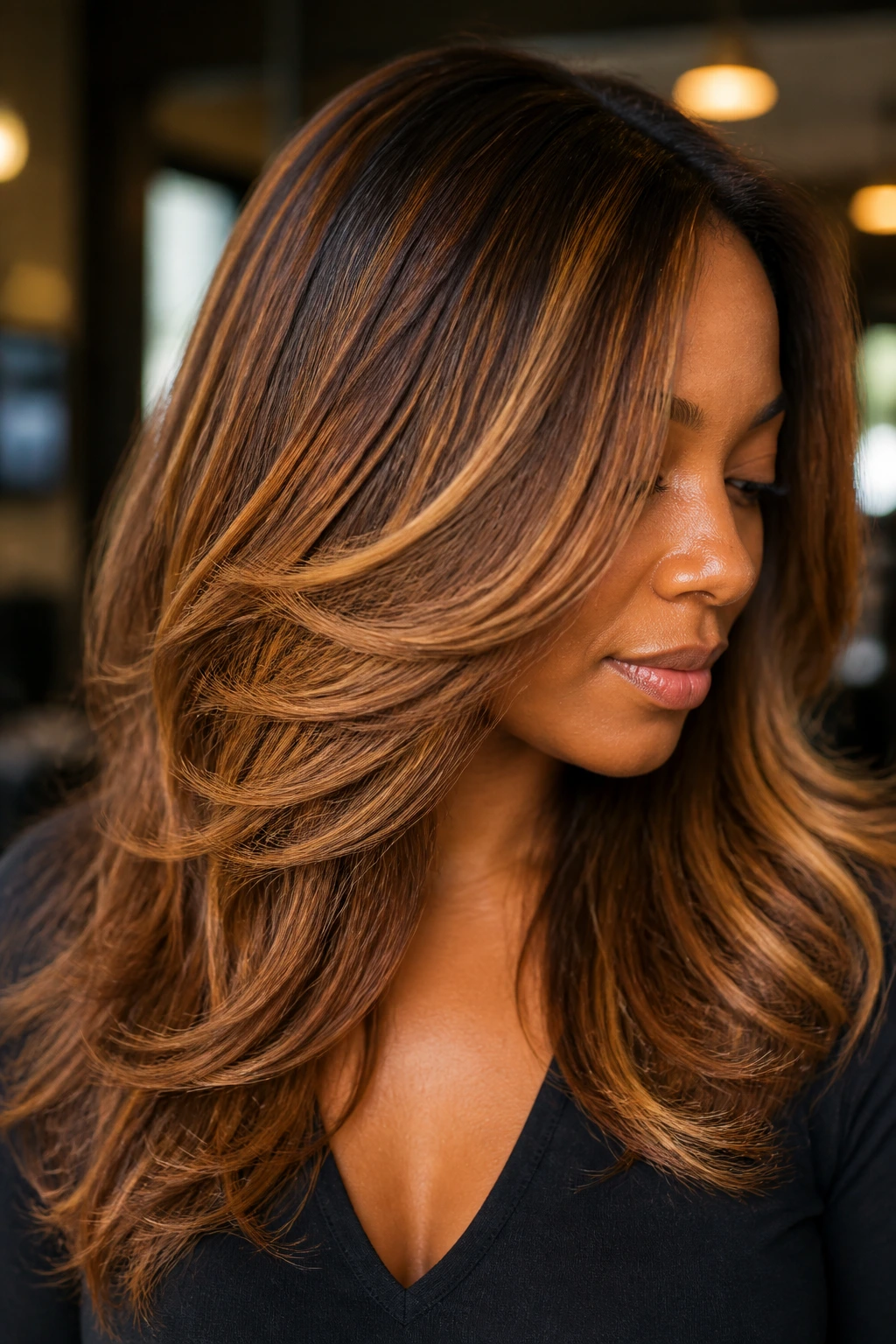 Portrait of a person with layered hair showing golden chestnut balayage.