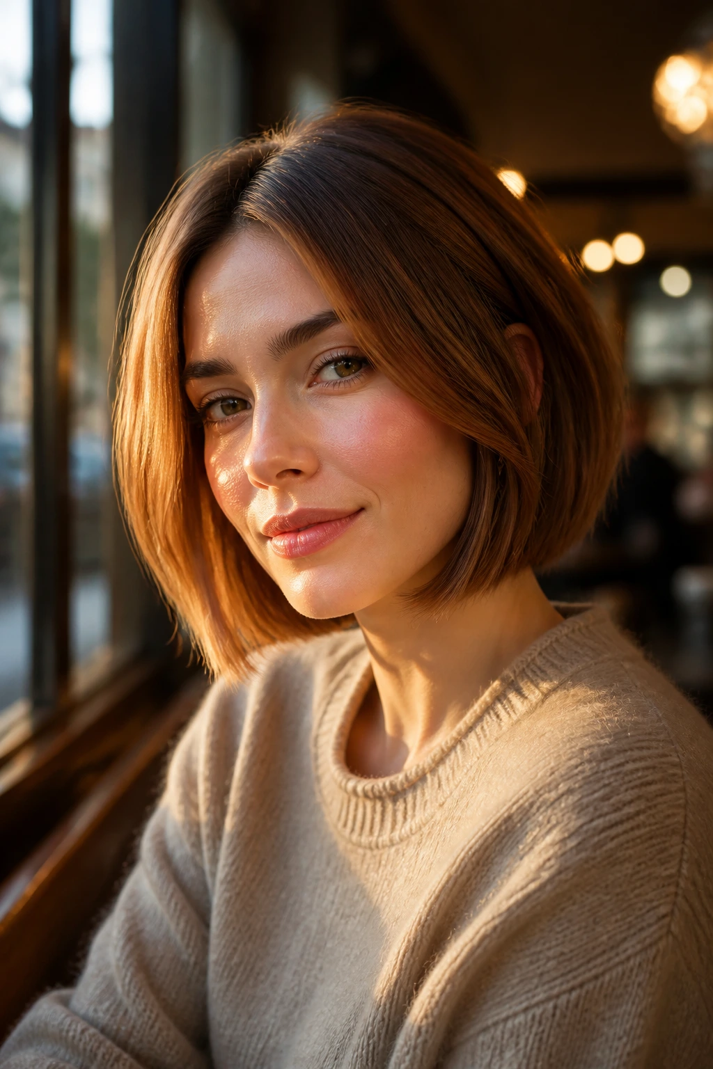 Portrait of golden chestnut caramel bob on a real person