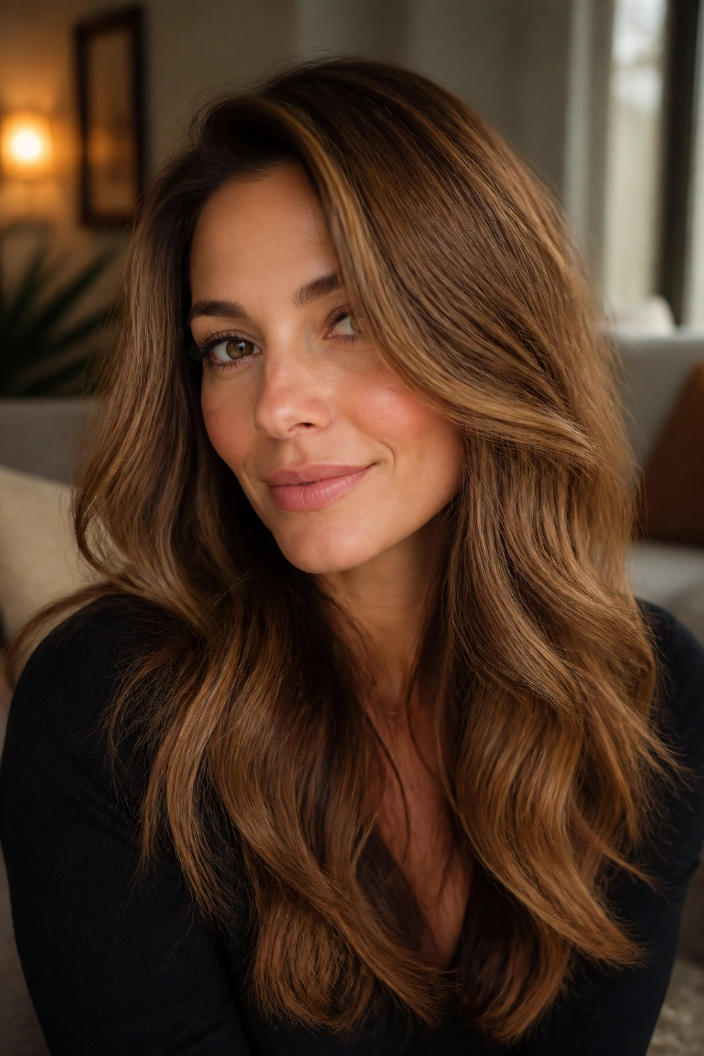 Close-up of golden chestnut hair with cinnamon lowlights on a real person