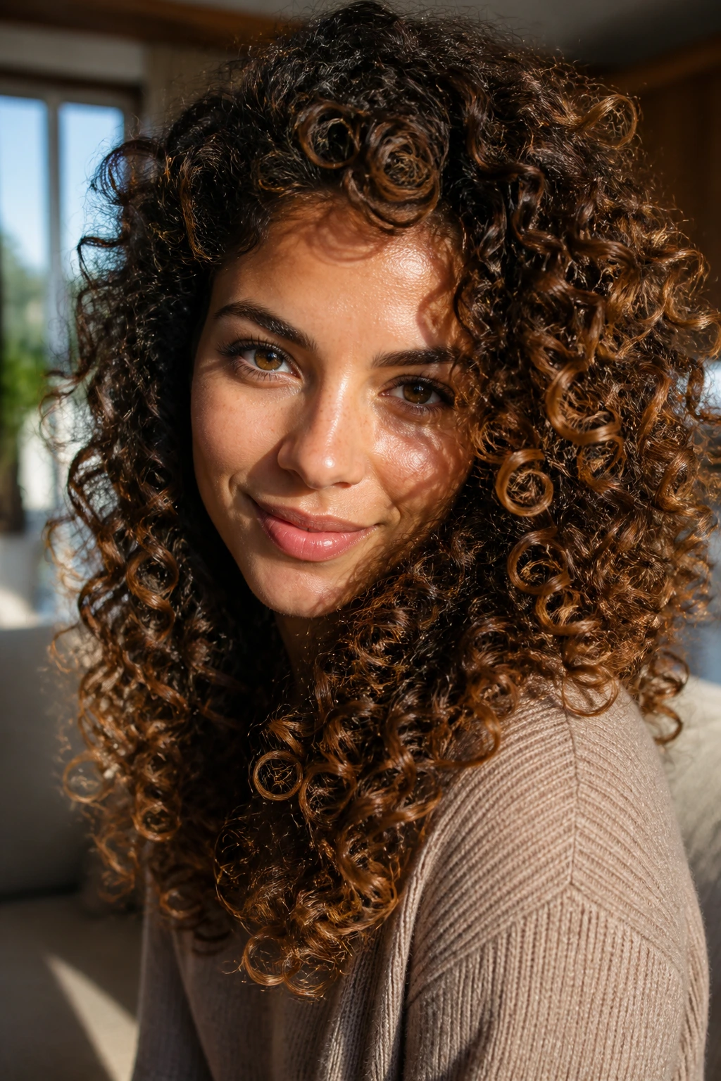 Close-up of a real woman with golden chestnut curls and outer-curl highlights in warm window light
